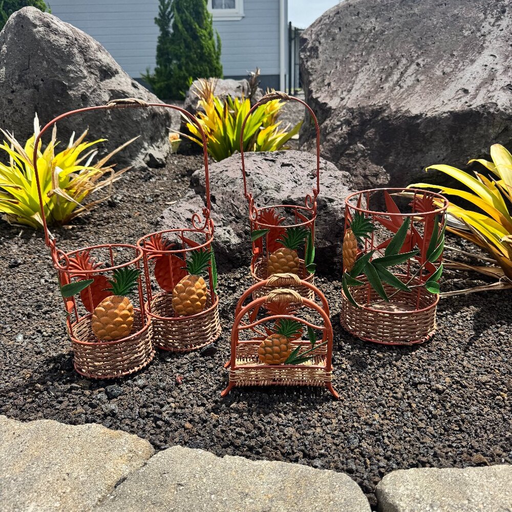 Vintage Pineapple Wicker & Metal Kitchen Decor Set Utensil & Napkin Holder